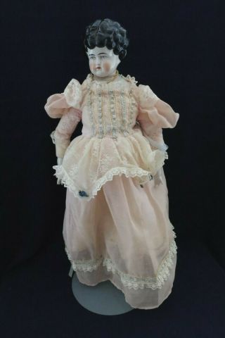Antique Porcelain China Head Doll Blue Eyes Turned Head 24”