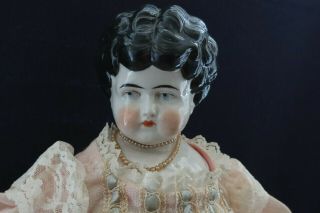 Antique Porcelain China Head Doll Blue Eyes Turned Head 24” 2