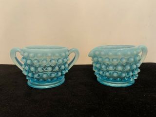 Fenton Vintage Hobnail Opalescent Blue Creamer & Sugar Bowl,  2” Tall