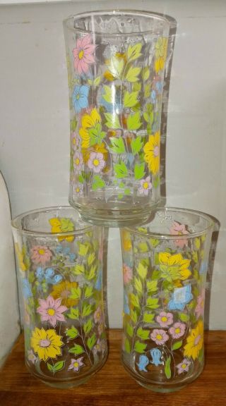 Vtg Retro Libbey Drinking Glass Tumblers Set Of 3 10 Oz.  Glasses Floral Mod