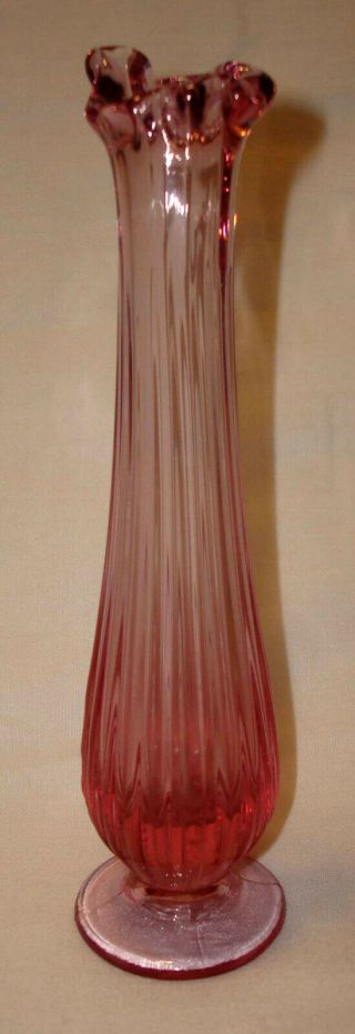 Vintage Fenton Art Glass Cranberry Pink Ribbed 7 ¼” Tall Ruffled Flower Bud Vase