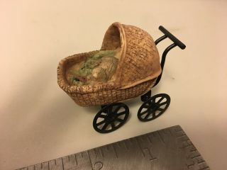 Vintage Doll House Miniature: Baby With Kitten In Stroller,  2” Stroller 1:12
