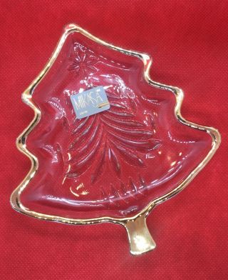 Vintage Christmas Mikasa Glass Christmas Tree Candy Dish With Gold Trim