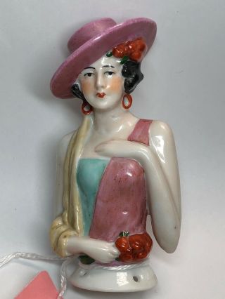 4” Antique German Porcelain Half 1/2 Doll Lady With Pink Spanish Hat 13703 Cc