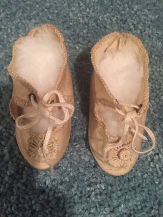 Antique Beige Silk Doll Shoes For French Or German Antique Doll.  2.  75 “ Long