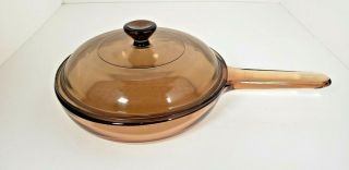 Vision Corning France Amber Glass Waffle Bottom Fry Pan Skillet 7 " With Lid