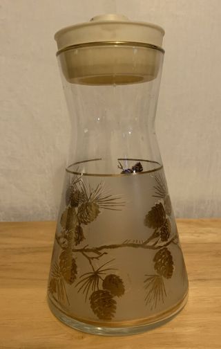 1960’s Libbey Douglas Glass Vintage Frosted Gold Pine Cone Carafe Decanter