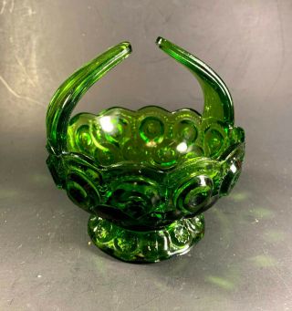 L.  E.  Smith Footed Moon And Stars Green Basket 4.  5 " D Split Handle