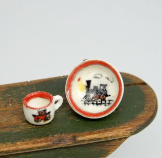 Vintage Jean Tag Porcelain Train Bowl & Mug Artisan Dollhouse Miniature 1:12
