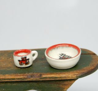 Vintage Jean Tag Porcelain Train Bowl & Mug Artisan Dollhouse Miniature 1:12 3