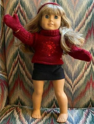 American Girl Doll Kirsten Blond Hair Blue Eyes In Red Snowflake Sweater Mittens