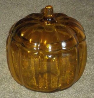 Large Clear Amber Glass 7 " Pumpkin Shaped Candy / Cookie Jar With Lid