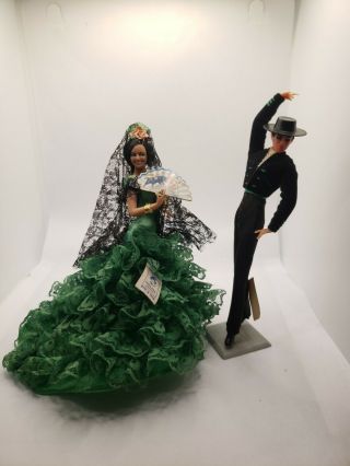 Vintage Marin Chiclana Spanish Flamenco Dancer Dolls W/ Fan Made In Spain Green