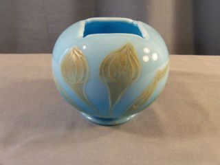 Vintage Fenton Blue Glass Rose Bowl Vase Gold Floral Decoration