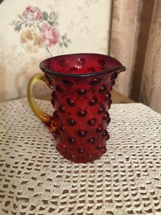 Lovely Vintage Ruby Red Hobnail Glass Small 4 " H Creamer Syrup Pitcher