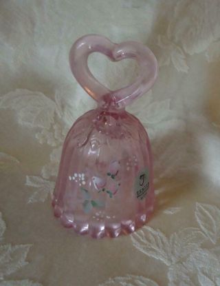 Small Fenton Hand Painted Bell Pink With Heart Handle
