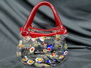 Murano Style Clear Art Glass Vase Floral Purse W/ Red Handle Handbag Millefiori