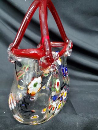 Murano Style CLEAR ART GLASS Vase FLORAL Purse w/ RED HANDLE Handbag Millefiori 2