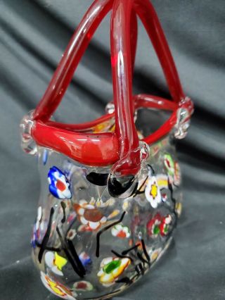 Murano Style CLEAR ART GLASS Vase FLORAL Purse w/ RED HANDLE Handbag Millefiori 3
