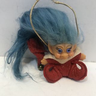 Vintage 1960s Dam Troll 3 " Blue Mohair Spiral Eye Vtg Elf Ornament