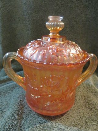 Antique Imperial Open Rose Marigold Carnival Glass Covered Sugar Bowl