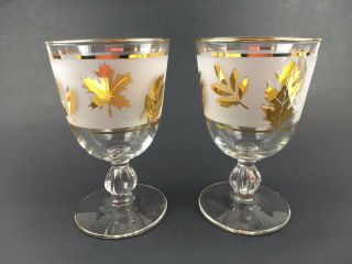 Vintage Set Of 2 Libbey Frosted Gold Leaf Footed 6 Oz Cordial Glasses