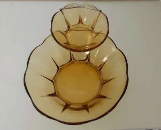 Vintage Anchor Hocking 3 Pc Amber Gold Glass Chip And Dip Set With Bracket