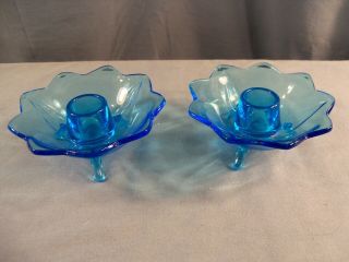 Set 2 Fenton Blue Glass 3 Footed Lotus Candle Holders