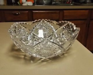 Antique American Brilliant Cut Glass Bowl Stars & Pinwheels 9 " Dia
