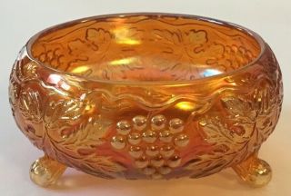 Fenton Marigold Carnival Glass Bowl Three Footed Grape And Cable 6”