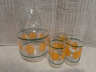 Vintage Orange Juice Carafe Glass Pitcher With 3 Matching Glasses