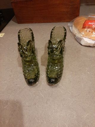 Vintage Fenton Hobnail Cat Head Slipper Shoe Art Glass Clear Olive Green