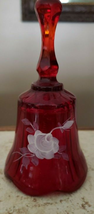 Ruby Red Fenton Hand Painted Signed Glass Bell 4 " Tall -