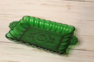 Vintage Glass Green Tray Ribbed Butter Dish Dotted Flower With Handles