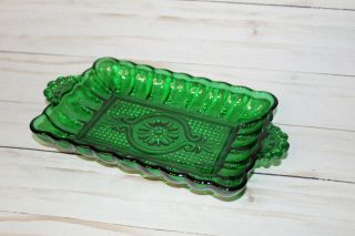 VINTAGE Glass Green Tray Ribbed Butter Dish Dotted Flower with Handles 2