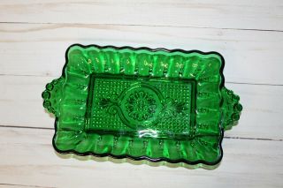 VINTAGE Glass Green Tray Ribbed Butter Dish Dotted Flower with Handles 3