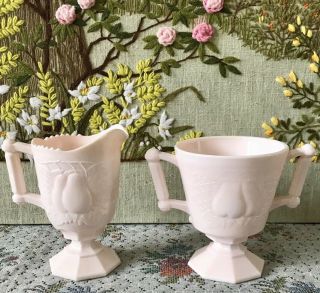 Pink Milk Glass Sugar And Creamer Set Vintage Embossed Pear Art