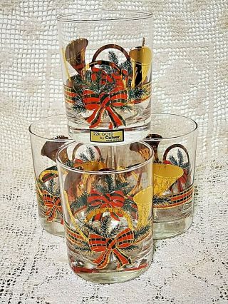 Set Of 4 Vtg Double Old Fashioned Glasses Culver Yule Horn Christmas Gold.