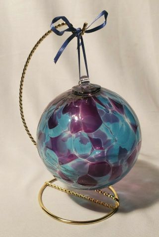 Hand Blown Glass Ball Globe Ornament Ball 3.  5 " W Stand Marble Mosaic Blue Purple