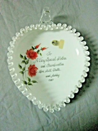 Vintage 1987 Fenton White Heart Shaped Silver Crest Dish W/handle Red Roses