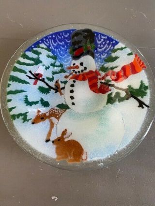 Peggy Karr Fused Glass Christmas Snowman With Forest Animals 8.  5 " Bowl Box
