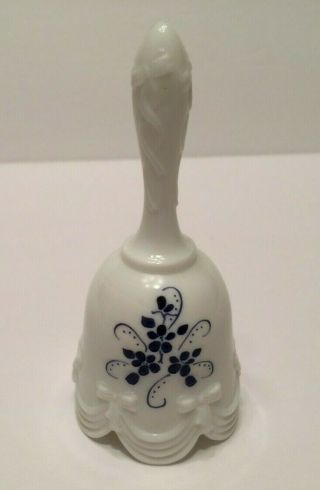 Fenton 4 1/2 " White Milk Glass Bell W/ Blue Flowers Signed