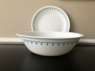 Vintage Pyrex Corelle Snowflake Blue Garland Large Serving Bowl Dinner Plate Set