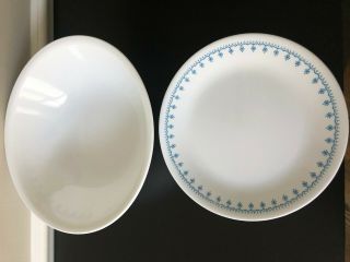 Vintage Pyrex Corelle SNOWFLAKE BLUE GARLAND Large Serving Bowl Dinner Plate Set 2