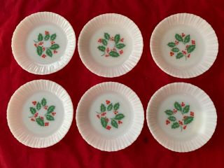 Set Of 6 Vtg Crisa Milk Glass White Christmas Holly Berry Plates 6 3/4” Ribbed