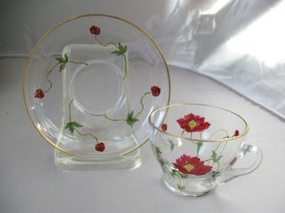 Antique Hand Blown Art Glass Cup & Saucer,  Enameled Poppies Polished Pontil