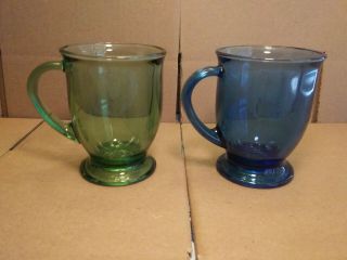 Vintage 2 Anchor Hocking Cobalt Blue And Green Glass Footed Pedestal Mugs 16 Oz