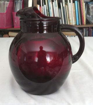 Anchor Hocking Royal Ruby Red Glass Ball Pitcher With Ice Lip - 8.  5 Inches Tall