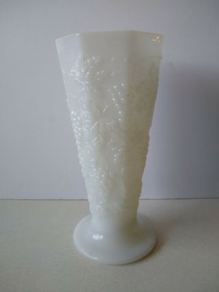 Vintage White Milk Glass,  Flower Vase,  Embossed Grapes & Vines,  9 3/4 " Tall