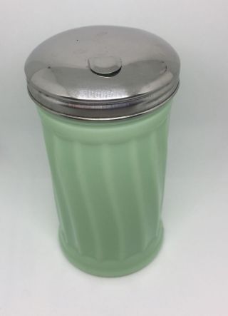 Jadeite Sugar Shaker / Pourer Ribbed Metal Top Dispenser Green Glass